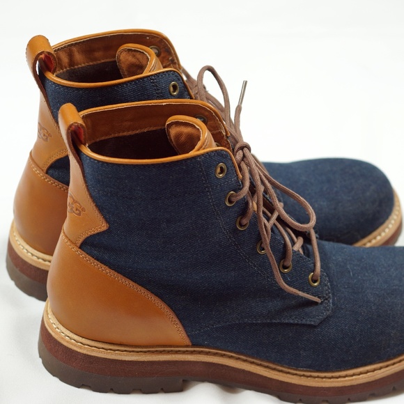 Men\'s UGG HUNTLEY Blue Denim Boots 11 Navy Leather 1004844 2 Sets Lace NEW BOX main image 14